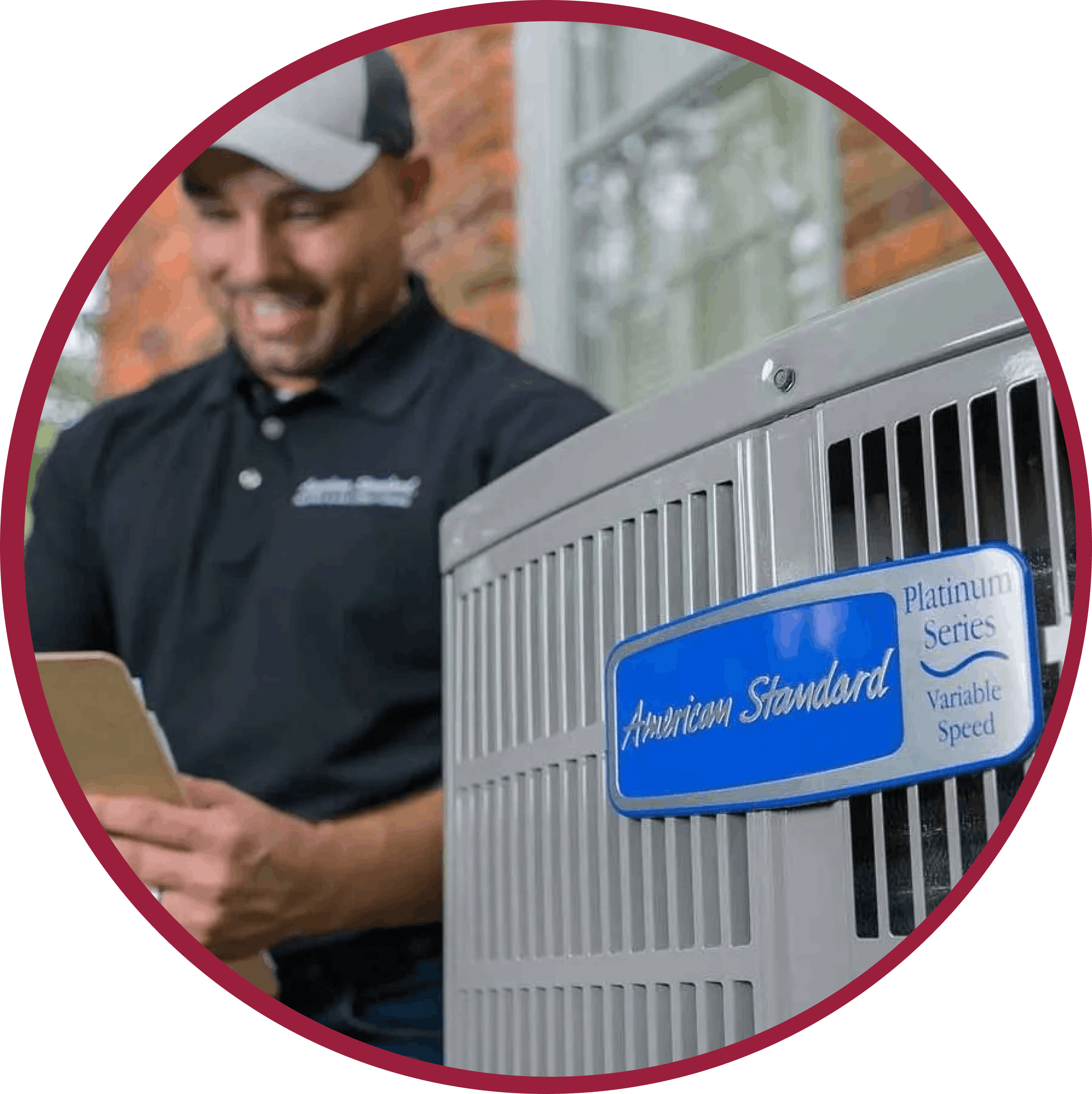 New American Standard variable speed HVAC system with technician in background.