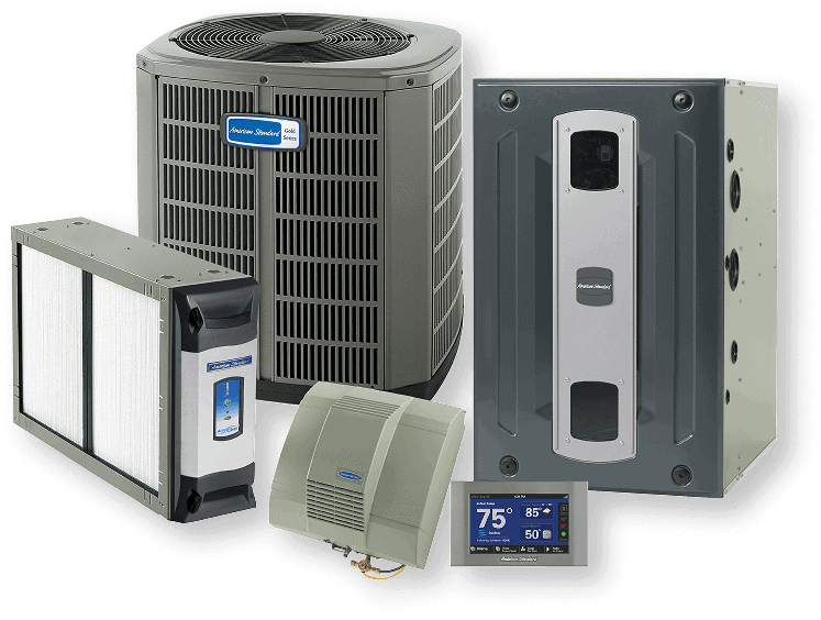A variety of American Standard HVAC products, ranging from air conditioners and gas furnaces to indoor air quality solutions.